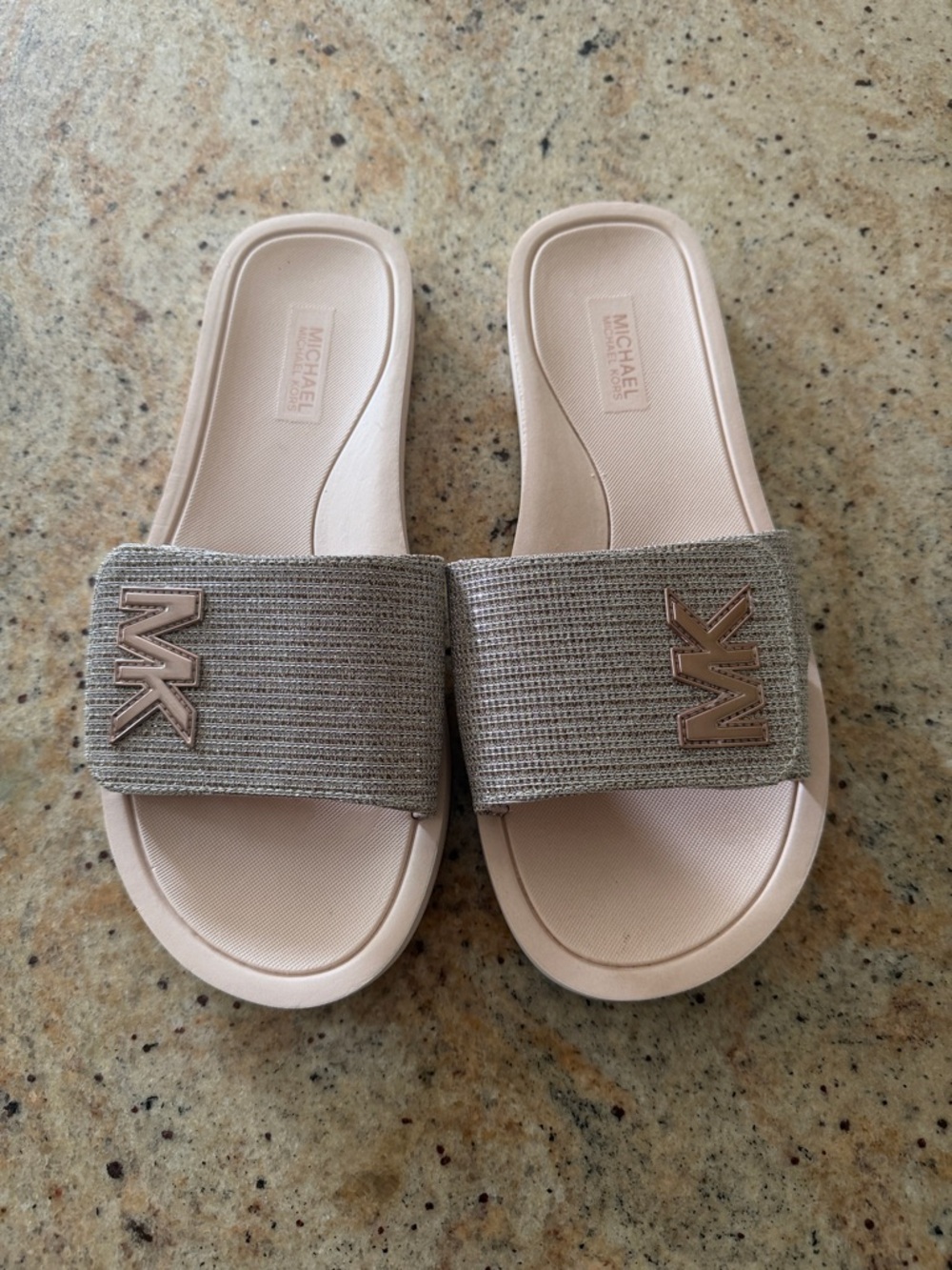 Michael Kors taupy pink Slide Sandals with rose Gold MK Emblems